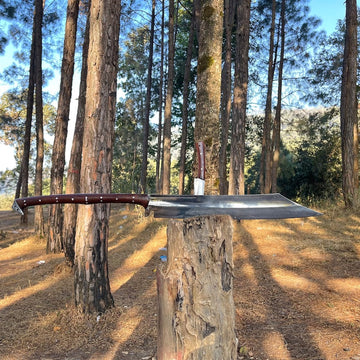 machete with utility knife embedded in a tree trunk in a forest setting